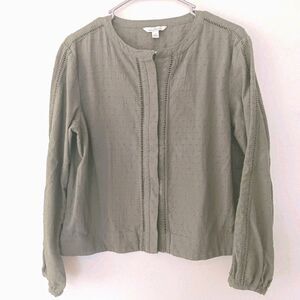 LL Bean Women’s Olive Green Dobby Dot Blouse Sz M 100% Cotton Long Sleeves